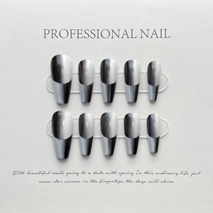 Handmade black and white gradient long ballerina press-on nails with metallic luster
