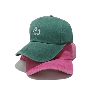 Vintage washed cotton baseball caps in dark green and magenta with cute dog embroidery