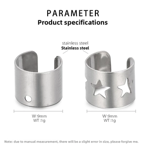 Detail of 9mm stainless steel ear cuff set featuring star cutout and hollow designs
