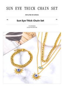 Détails de l'ensemble collier multi-rangs et bracelet avec pendentif oeil en acier titane