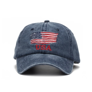 Vintage navy blue washed cotton baseball cap with embroidered US flag and USA text