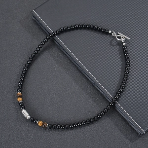 6mm natural tiger eye and black obsidian beaded necklace with stainless steel OT toggle