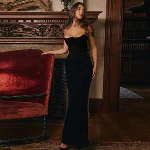 Elegant velvet strapless maxi dress with a corset bodice and bodycon slim fit silhouette