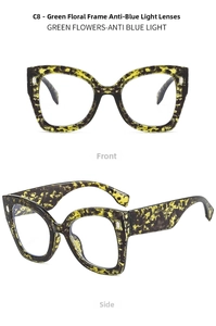 Detailed views of leopard print cat eye glasses frames with anti-blue light lenses