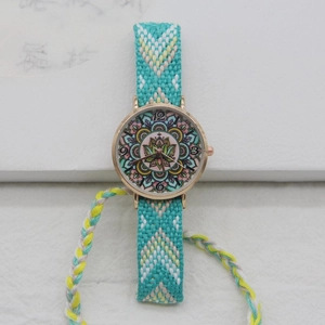 Bohemian style quartz watch with lotus mandala dial and teal woven strap for women