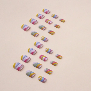 Short square press-on nails with colorful abstract wave patterns in 24 pieces set