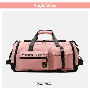 Detailed front view of the pink gym bag showing waterproof fabric and sturdy handles