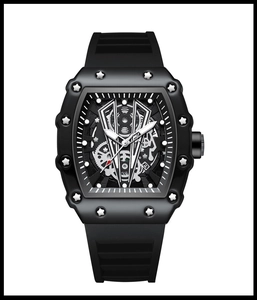 Detailed close-up of a tonneau-shaped quartz watch with a black skeleton dial and rubber strap