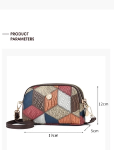 Detailed view of colorful patchwork crossbody bag with dimensions 19cm x 12cm x 5cm