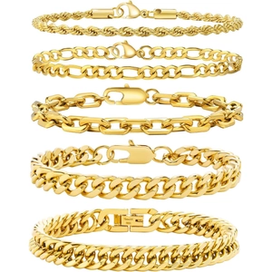 5-piece gold stainless steel Cuban and Figaro link bracelet set for men and women