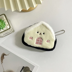 Close-up of plush house coin purse with pink embroidery details and metal bead chain