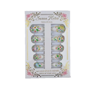 Set of 24 almond press-on nails with colorful dots and 3D cartoon ornaments on white base