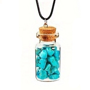 Minimalist glass bottle pendant necklace with teal stones and cork on black cord