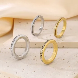 Stainless Steel Spinner Ring With Full Rhinestone Inlay Fashion Eternity Band Jewelry For Women Relief Anxiety
