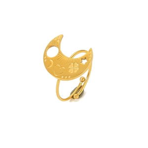 Detail of adjustable 18k gold plated ring featuring sun moon and heart engravings