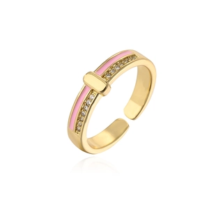 Detail of gold-plated open ring with pink enamel dripping and zircon stones