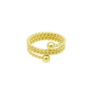 Detailed view of gold spiral open ring featuring polished beads and 18k plating