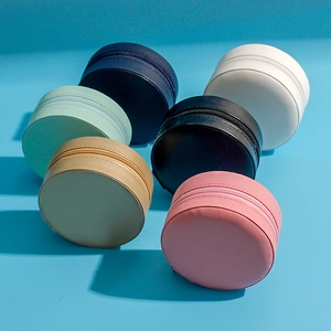 Mini round PU leather jewelry organizer boxes with zipper closure in various colors