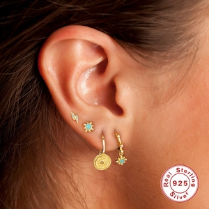 Set of four S925 sterling silver gold earrings with moon phase medals and turquoise stones
