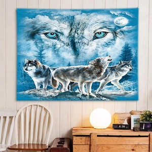 Wolf theme blue polar art tapestry hanging on a white wooden wall in a cozy room