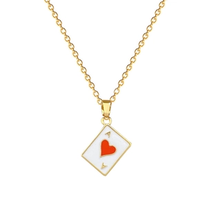 Gold titanium steel necklace featuring a crystal-encrusted Ace of Hearts poker card pendant