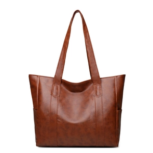Brown soft texture faux leather tote bag with large capacity and shoulder straps
