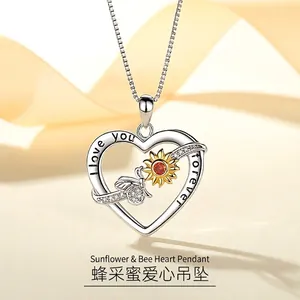 925 Sterling Silver Heart Pendant Necklace With Gold Plated Sunflower Bee Engraved I Love You Forever For Women