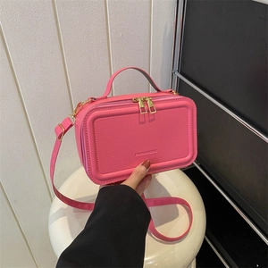 Box Crossbody Handbag Synthetic Leather Double Zipper Top Handle Adjustable Strap Solid Color Square Bag For Women