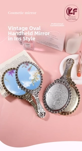 Detailed view of vintage embossed floral pattern on gold and silver handheld mirrors