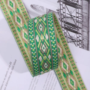 Ethnic style jacquard guitar strap for handbags with green and beige geometric patterns