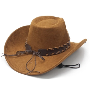 Close-up of brown western cowboy hat featuring woven leather band and adjustable chin cord