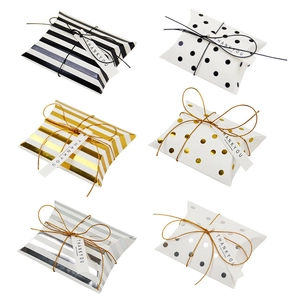European Style Cardboard Pillow Candy Gift Box Bronzing Striped Polka Dot Packaging Box With Tags For Wedding Party Favors
