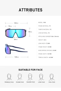 Detailed size specification table for lightweight 29g sports cycling sunglasses model 1998