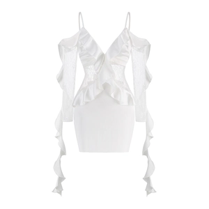 Detailed view of white satin dress with lace long sleeves and delicate ruffle trim