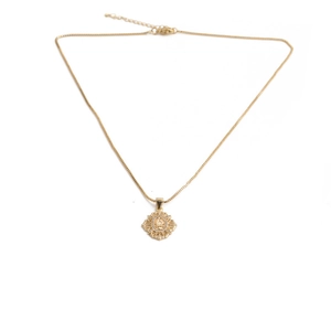 Minimalist gold necklace with a square floral pendant and zircon stones on white background