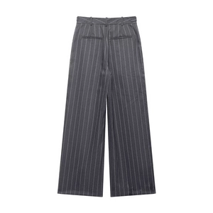 Elegant high-waisted wide-leg pinstripe trousers in dark grey, rear view on white background