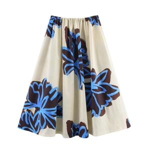 Women Elegant Floral Print A-Line Midi Skirt Polyester Elastic High Waist Abstract Pattern Casual Flowy Large Hem
