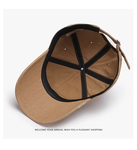 Detailed interior of khaki baseball cap featuring sweatband and adjustable metal buckle