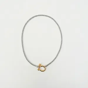 Modern 18K gold plated stainless steel necklace with silver cylinder chain and shackle clasp