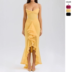 Sexy Ruched Bodycon Maxi Dress For Women Spaghetti Strap Ruffle Hem Elegant Polyester Party Evening Dress