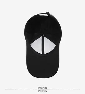 Internal view of black baseball cap showing sweatband and adjustable metal buckle