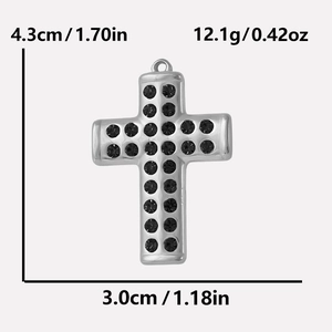 Detailed view of 304 stainless steel cross pendant with black crystals and dimensions