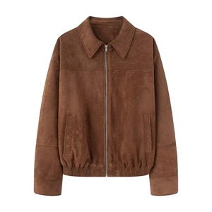 Women's brown faux suede bomber jacket with collar and zip closure in casual cargo style