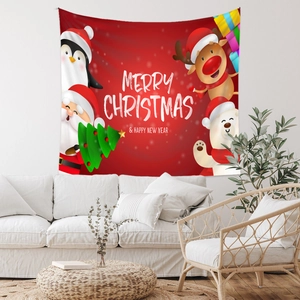 Cozy living room interior featuring a red Christmas tapestry with festive cartoon characters