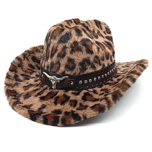 Western Cowboy Hat Leopard Print Faux Fur Plush Winter Warm Wide Brim Bull Head Buckle Rivet Leather Band