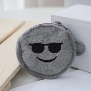Mini gray plush round emoji coin purse with cool sunglasses emoji and soft texture