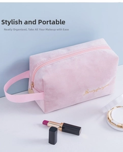 Pink velvet makeup bag with side handle, gold zipper and Beauty for you embroidery