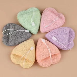Colorful heart-shaped facial cleansing sponges set with hanging ropes in soft sponge material