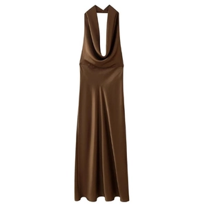 Elegant brown satin halter midi dress with a silky texture and graceful drape effect