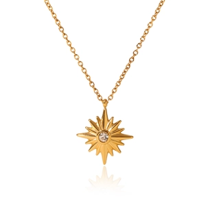 Detailed view of gold sunburst pendant necklace with a central crystal on white background